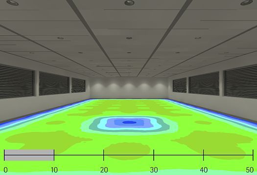 Falschfarbenbild der Beleuchtungsstärke mit ERCO LEDs, das die Lichtverteilung im Raum visualisiert.