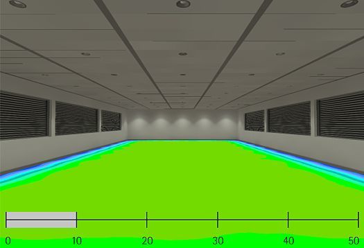 Falschfarbenbild der Beleuchtungsstärke mit ERCO LEDs, das die Lichtverteilung in einem Raum simuliert.
