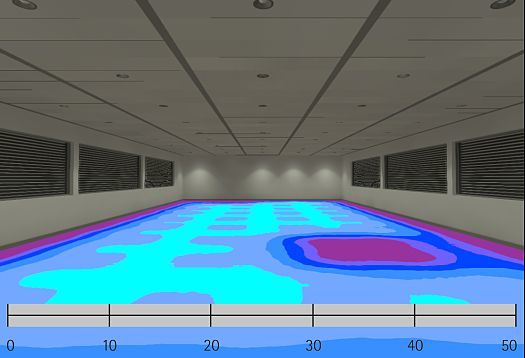 Falschfarbenbild der Beleuchtungsstärke mit ERCO LEDs, das die Lichtverteilung im Raum visualisiert.