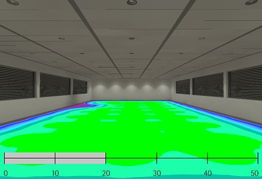False-color image of illuminance with ERCO LEDs for office lighting design.