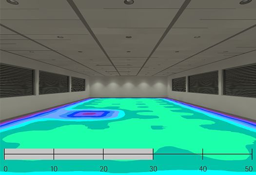 False-color image of illuminance with ERCO LEDs, visualizing light distribution in the room.