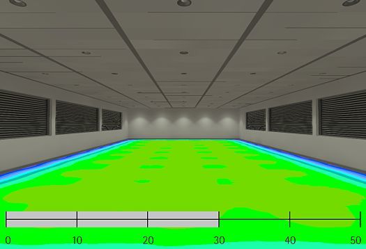 False-color image of illuminance with ERCO LEDs, showing light distribution in an office space.