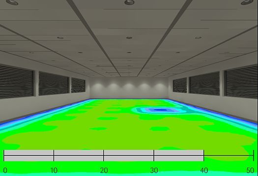 False-color image of illuminance with ERCO LEDs, demonstrating high lumen maintenance.