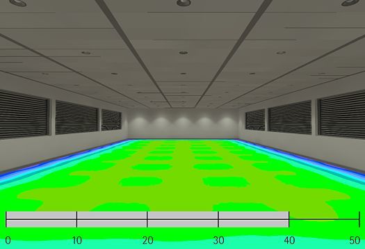 False-color image of illuminance with ERCO LEDs, visualizing light distribution in a room.