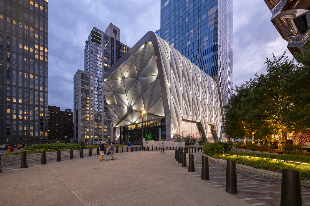 The Shed cultural center in Hudson Yards, New York, illuminated by ERCO lighting.