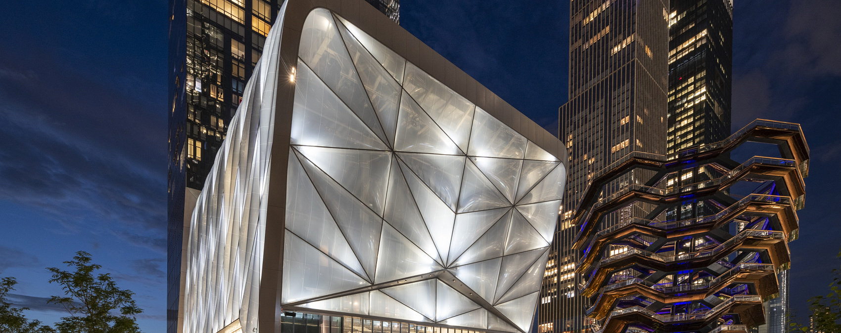 The Shed in Hudson Yards, illuminated by ERCO Grasshopper projectors for dynamic events.