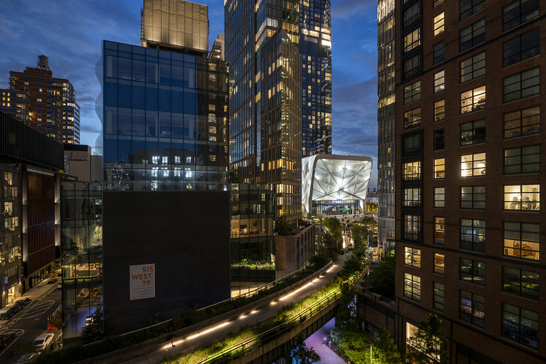 Night view of The Shed in Hudson Yards, illuminated with ERCO lighting.