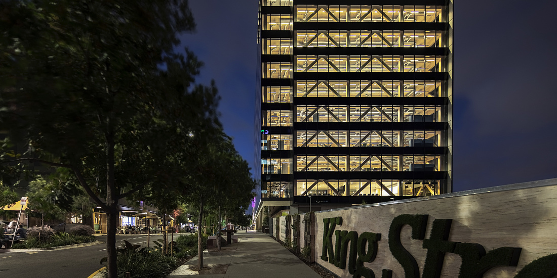 The Timber Building in Brisbane, illuminated by ERCO LEDs, a modern office building.