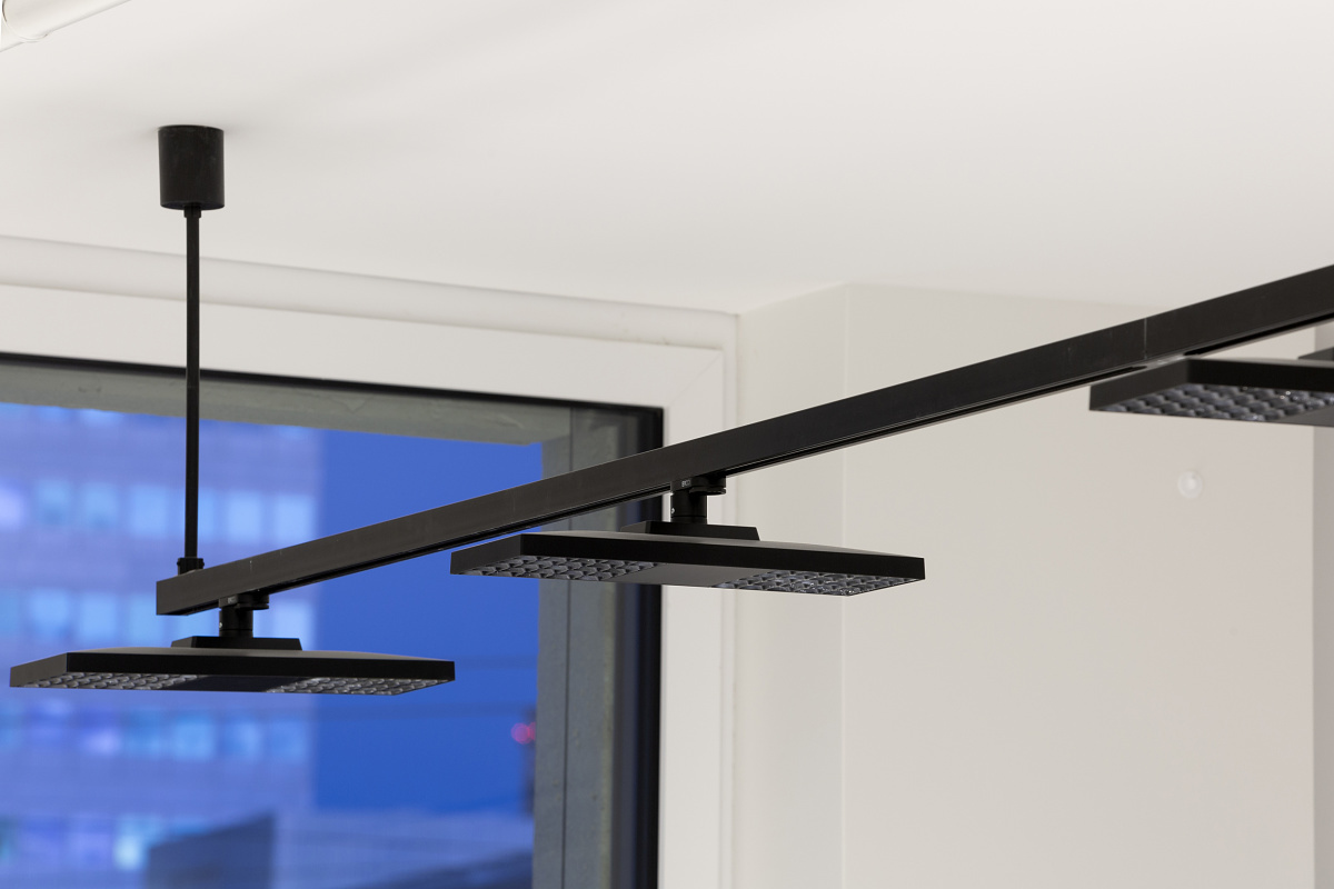 ERCO Jilly downlights on tracks providing flexible office lighting.