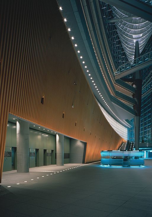 Interior of Tokyo International Forum featuring ERCO lighting, highlighting architectural lines.