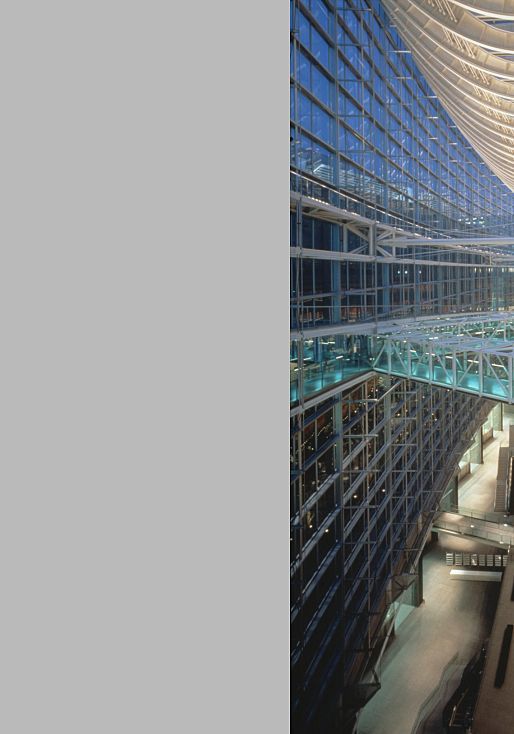 Interior view of Tokyo International Forum, showcasing Gimbal spotlights illuminating the steel structure.