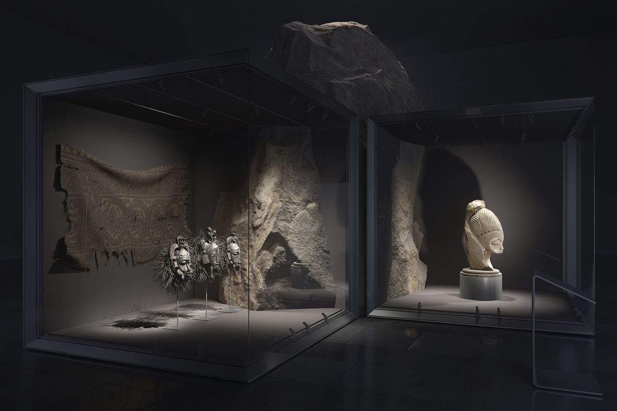 ERCO spotlights illuminate art objects in display cases, enabling flexible museum lighting.