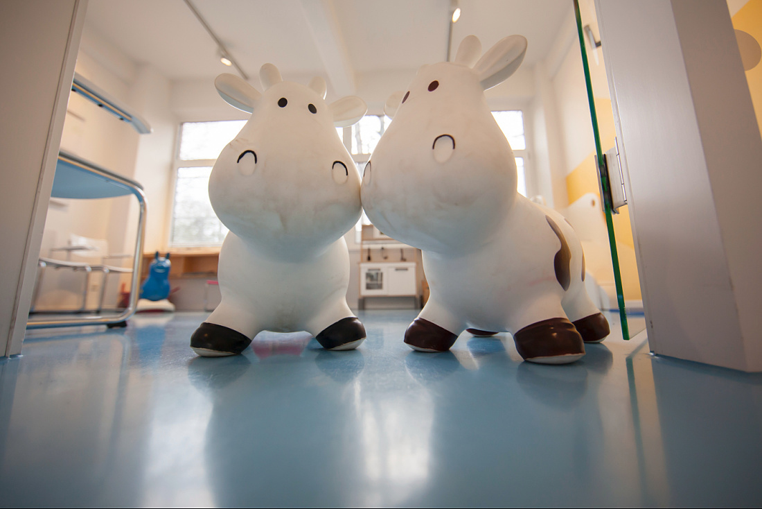 Cow-shaped toys in the waiting area of a Hamburg pediatric practice.