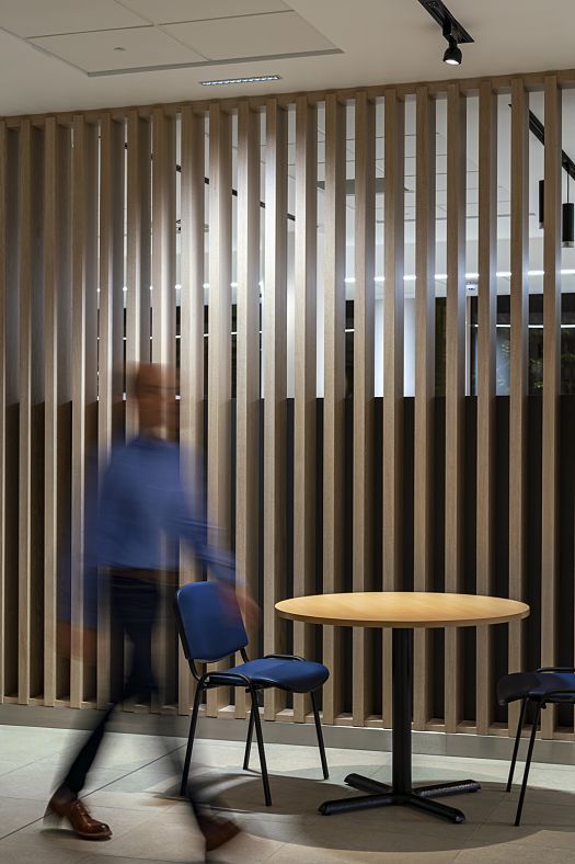Ulster Hospital interior featuring ERCO lighting and a wooden slat wall.