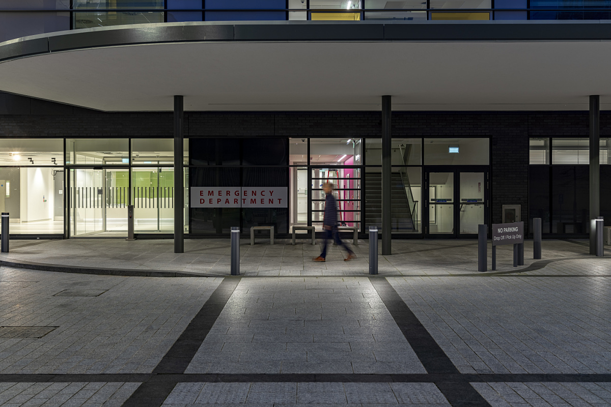 ERCO Castor bollard luminaires at Ulster Hospital Emergency Department entrance, Belfast.