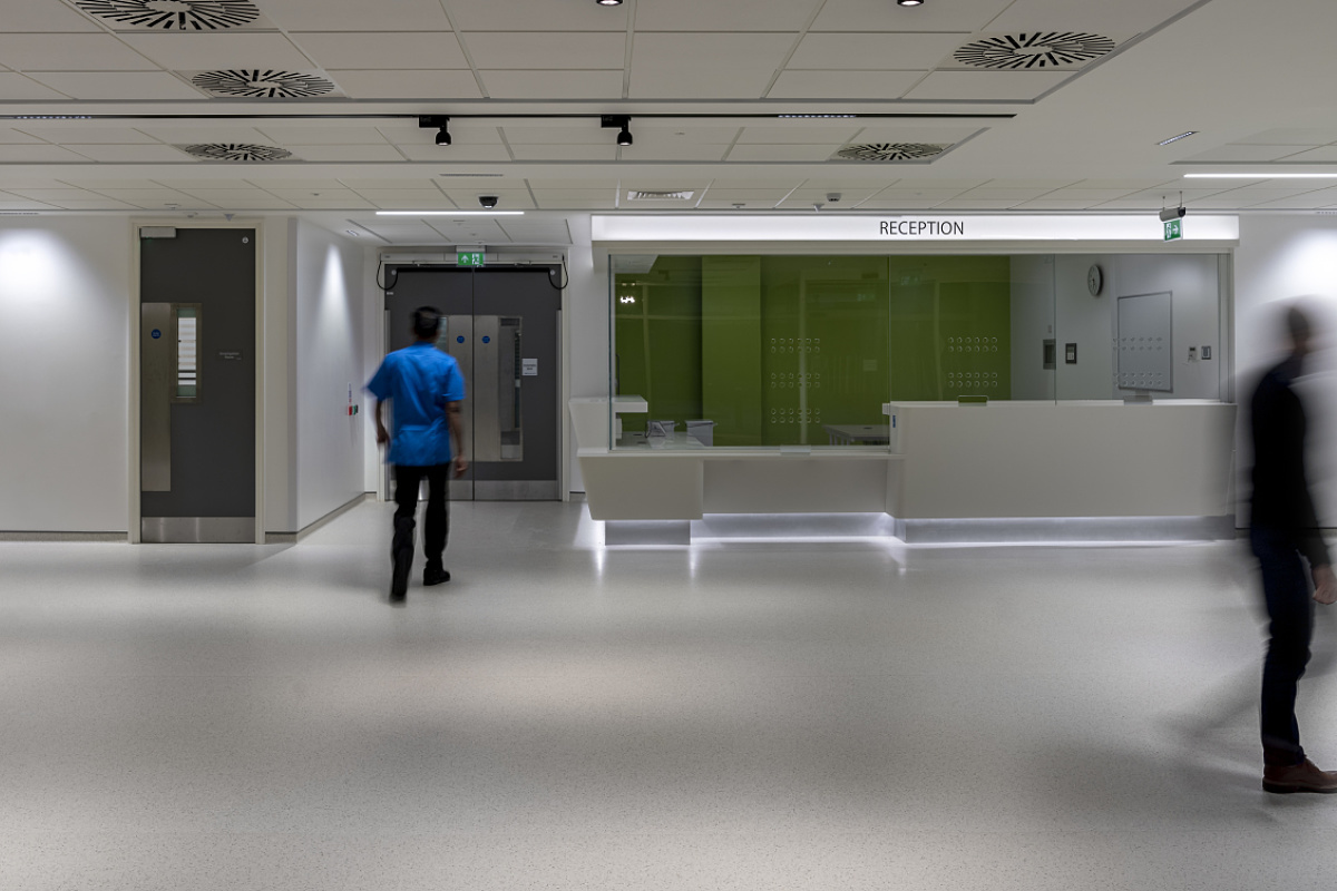 Ulster Hospital reception area featuring ERCO lighting with Bluetooth control.