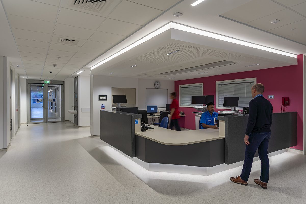 Ulster Hospital reception area featuring ERCO lighting with Bluetooth control for patient-centered illumination.