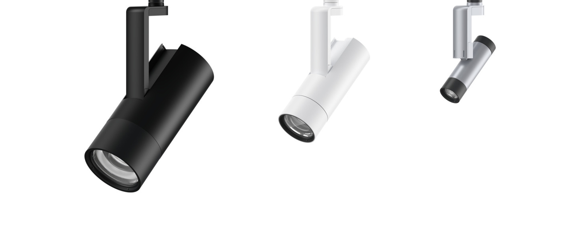 ERCO Uniscan InTrack spotlights for galleries, minimalist design, available in multiple colors.