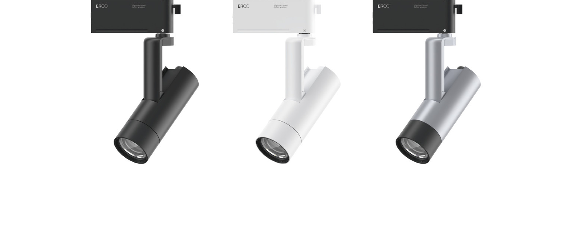 ERCO Uniscan OnTrack spotlights for galleries, minimalist design, available in multiple colors.