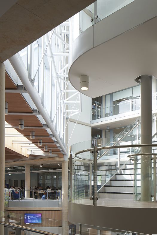 ERCO Atrium surface-mounted luminaire in a modern University of Bath staircase for sustainable lighting.