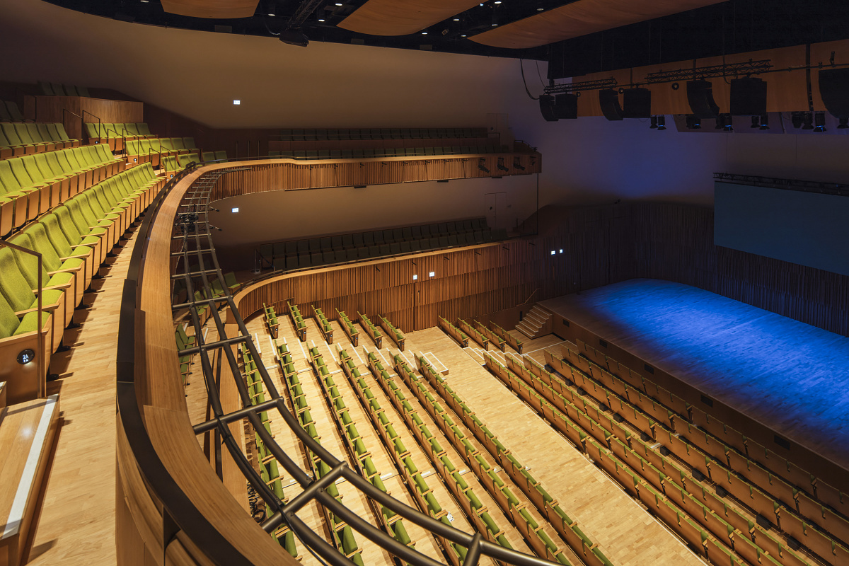 Interior of Hong Kong Universitys Shaw Auditorium featuring ERCO LED lighting.