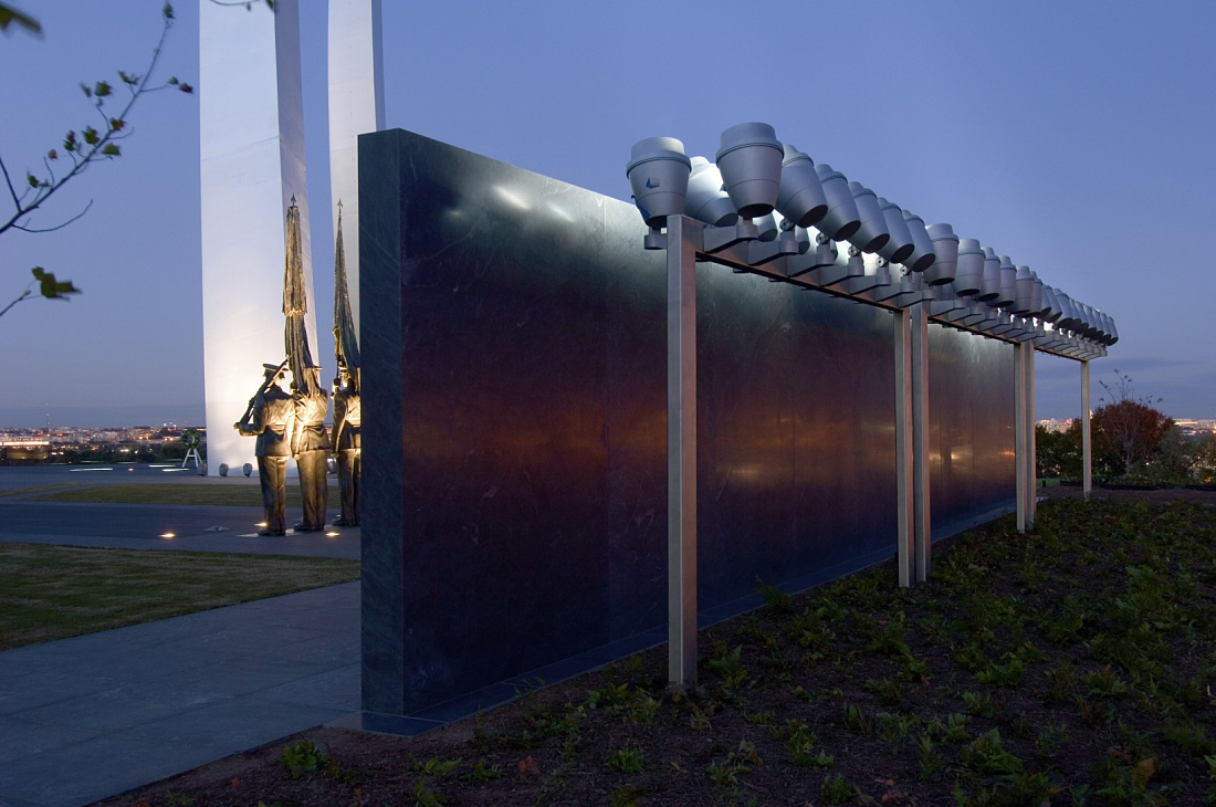 US Air Force Memorial in Arlington illuminated by Beamer spotlights for dramatic lighting.
