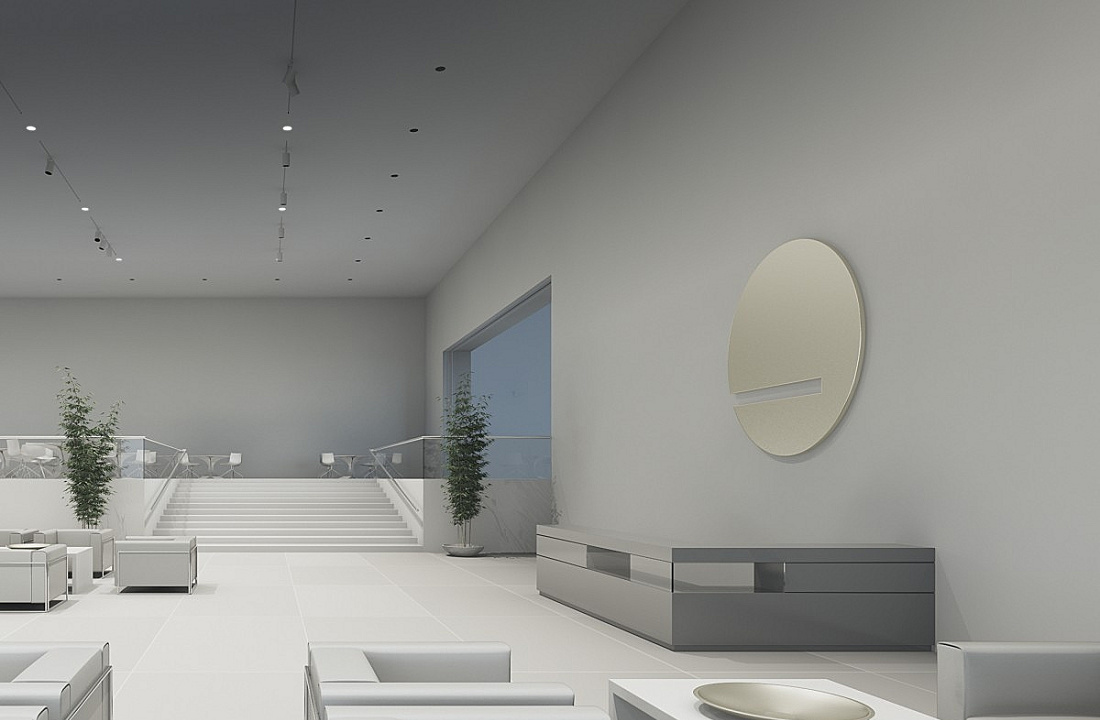 ERCO lighting in a modern reception area featuring vertical and horizontal illumination.
