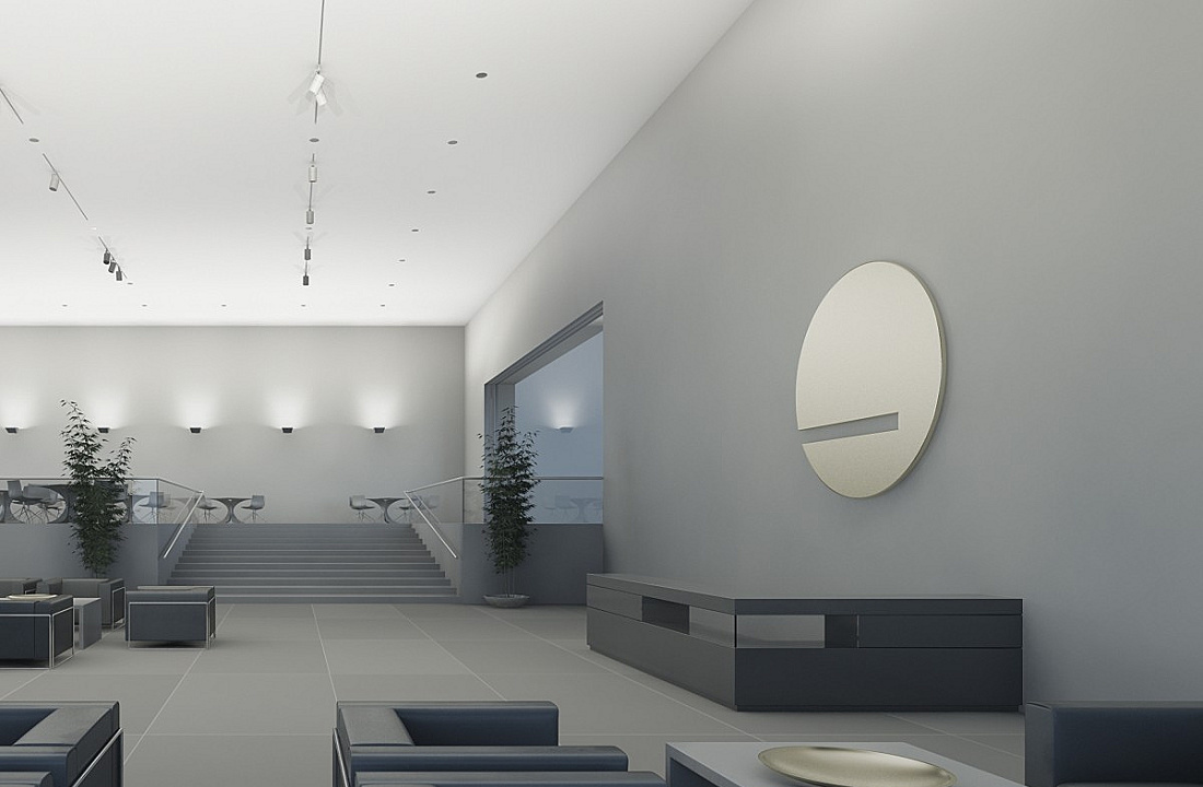 ERCO lighting design in a modern reception area, showcasing vertical illumination for a pleasant spatial atmosphere.