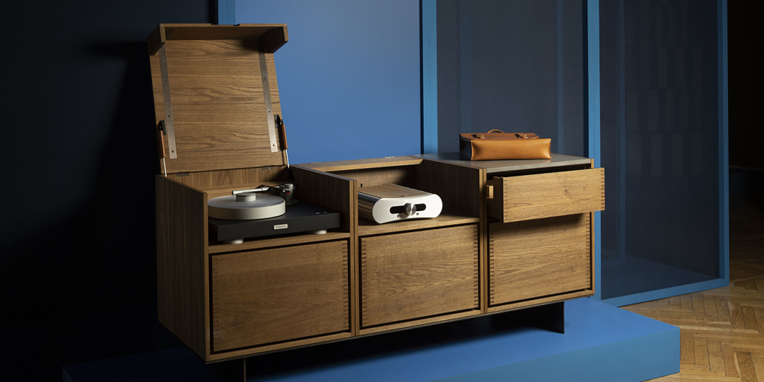 Handmade sideboard featuring a turntable and amplifier at the Wallpaper Handmade Exhibition.