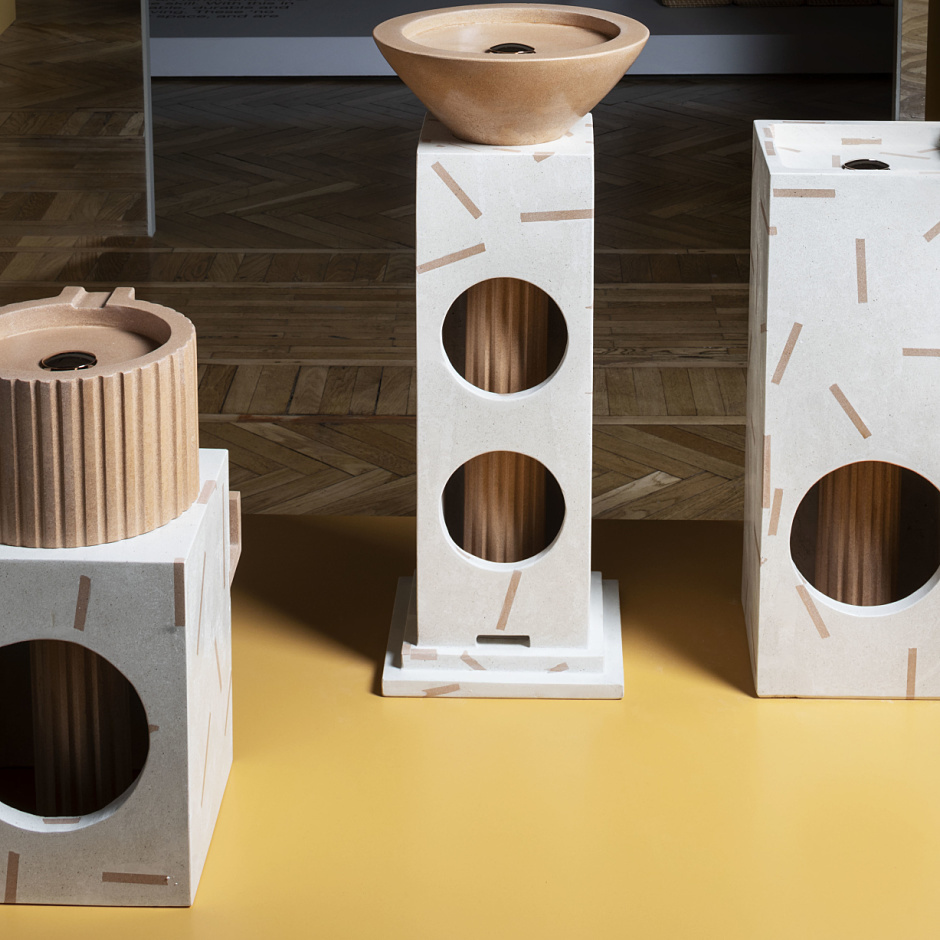 Handmade design objects at Salone dei Tessuti, illuminated by ERCO LED spotlights.
