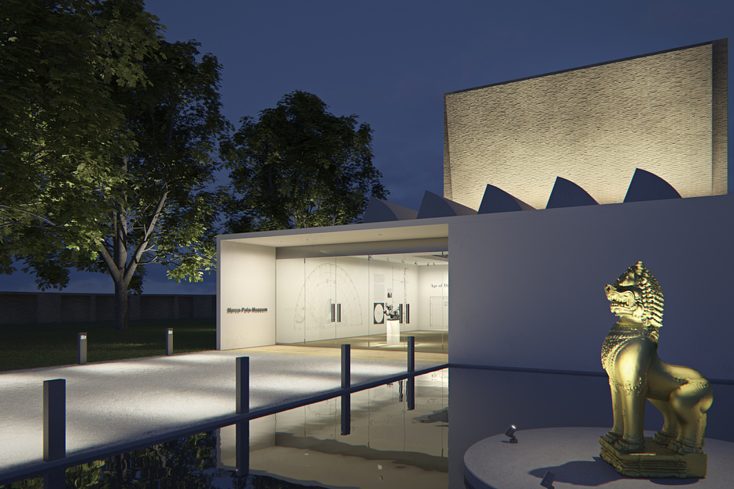 Illuminated museum facade with ERCO lighting creating an inviting and guiding atmosphere.