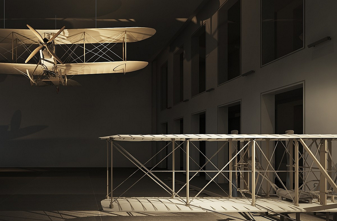 Illuminated airplane model showcasing spatial differentiation through lighting.