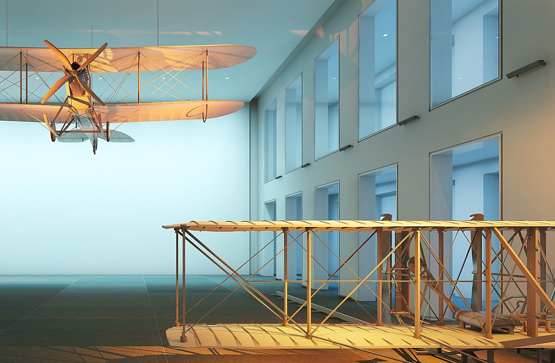Vintage airplane model in an exhibition space, illuminated by ERCO lighting.