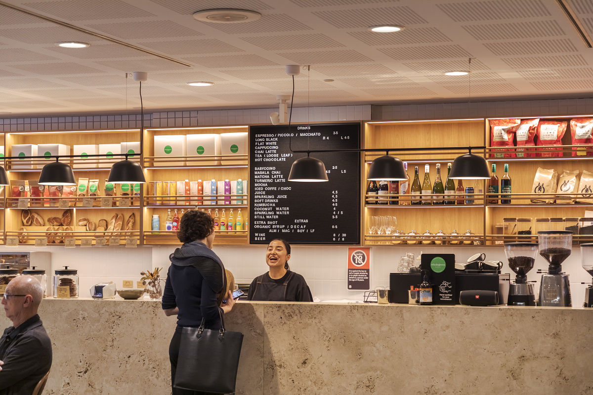 Wholegreen Bakery in Sydney, featuring ERCO Skim recessed luminaires for pleasant general lighting.