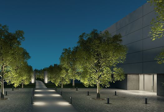 ERCO outdoor lighting: Path lighting with bollards and facade illumination for orientation in the dark.