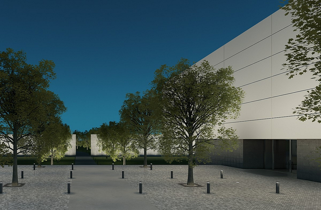 ERCO outdoor lighting: Bollard lights and facade lighting create a wide and focused light scene in the exterior.