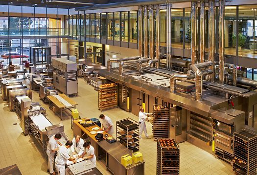 Large bakery with modern equipment and bakers at work.