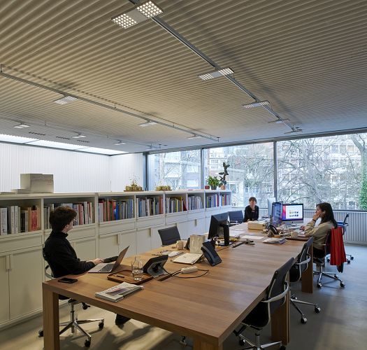 ERCO Jilly downlights illuminate an office space with bookshelves and a large table for comfortable work.