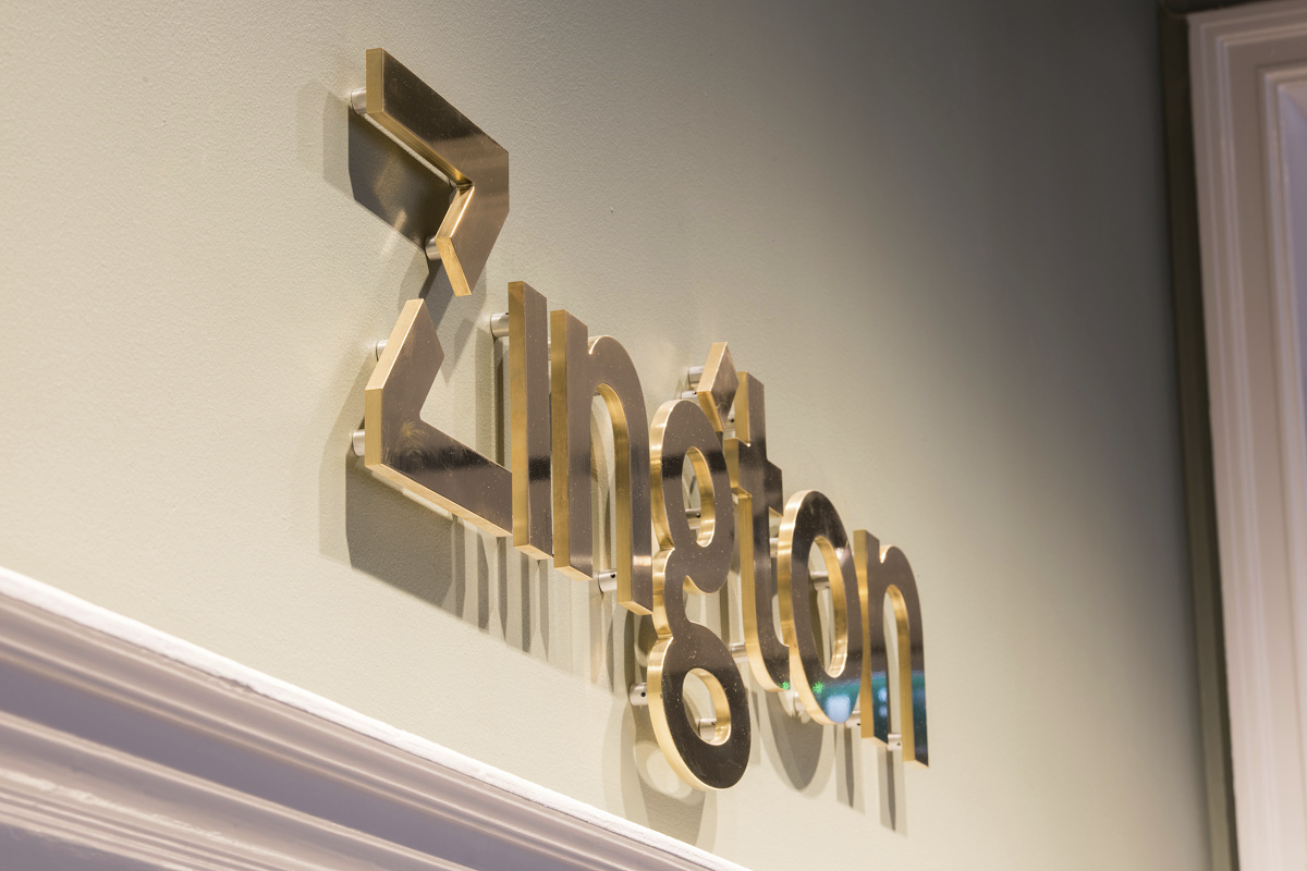 Zington Office signage in Stockholm, featuring modern ERCO office lighting.